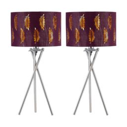 First Choice Lighting Set of 2 Chrome Tripod Table Lamps with Burgundy Fern Cut Out Shades in Silver