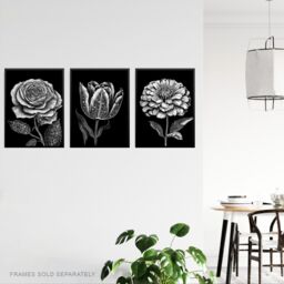 Artery8 Set of 3 Elegant Single Tulip Rose Zinnia Spring Flowers Black & White Floral Impact Artworks Unframed Wall Art Living Room Poster Prints - thumbnail 3