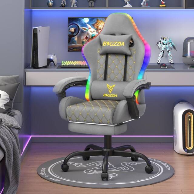 Gartistgo Gaming Chair with RGB Lights & Footrest, PU Leather in Grey - image 1
