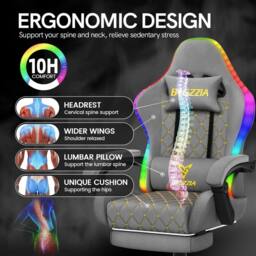 Gartistgo Gaming Chair with RGB Lights & Footrest, PU Leather in Grey - thumbnail 4