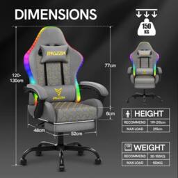 Gartistgo Gaming Chair with RGB Lights & Footrest, PU Leather in Grey - thumbnail 2