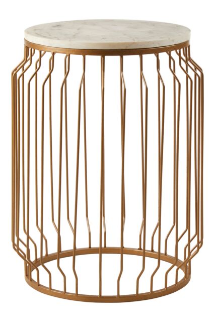 Orsina Marble Top Round Side Table With Wireframe Base, Gold Finish Iron Cage Frame, White Marble Table - image 1
