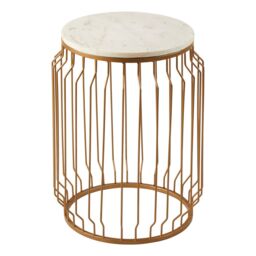 Orsina Marble Top Round Side Table With Wireframe Base, Gold Finish Iron Cage Frame, White Marble Table - thumbnail 7