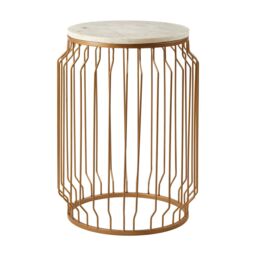 Orsina Marble Top Round Side Table With Wireframe Base, Gold Finish Iron Cage Frame, White Marble Table - thumbnail 6