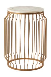 Orsina Marble Top Round Side Table With Wireframe Base, Gold Finish Iron Cage Frame, White Marble Table - thumbnail 2