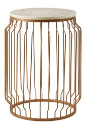Orsina Marble Top Round Side Table With Wireframe Base, Gold Finish Iron Cage Frame, White Marble Table