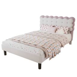 BTM Velvet Biscuit Bed for Kids, Soft Headboard, Beige+Pink in Beige - Size: Double - thumbnail 7