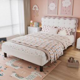 BTM Velvet Biscuit Bed for Kids, Soft Headboard, Beige+Pink in Beige - Size: Double - thumbnail 1