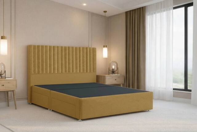 "Nexus Mattresses Ltd Amalfi Plush Divan Bed Base No Drawers - 54"" Headboard in Mustard - Size: Small Single" - image 1