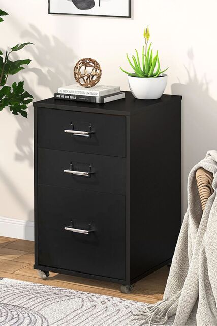 Living and Home 3 Drawers Vertical File Cabinet with Wheels Living Room Storage Cabinet Bedroom Black Bedside Table - image 1