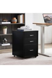 Living and Home 3 Drawers Vertical File Cabinet with Wheels Living Room Storage Cabinet Bedroom Black Bedside Table - thumbnail 2
