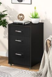 Living and Home 3 Drawers Vertical File Cabinet with Wheels Living Room Storage Cabinet Bedroom Black Bedside Table - thumbnail 1