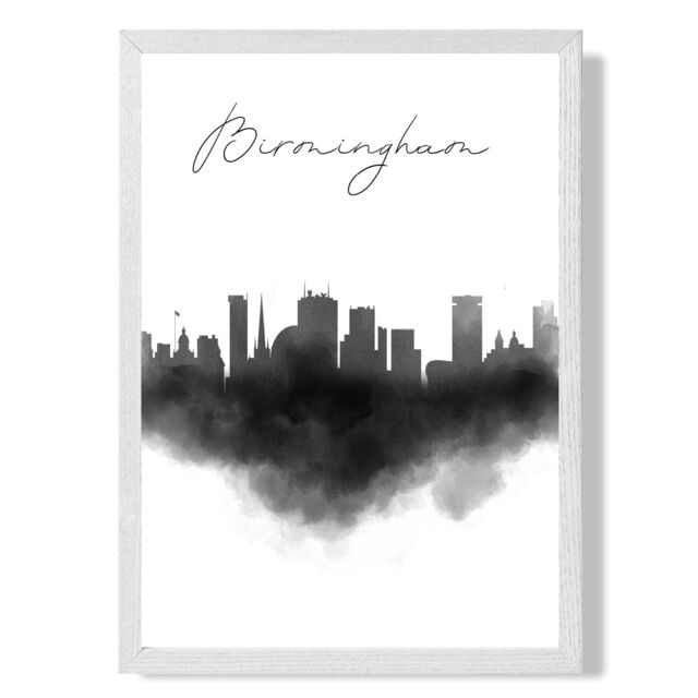 ARTZE Birmingham Watercolour Skyline City Framed Print SIZE: A3 with White Frame in Black - Size: A4 - image 1