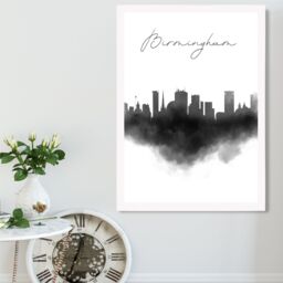 ARTZE Birmingham Watercolour Skyline City Framed Print SIZE: A3 with White Frame in Black - Size: A4 - thumbnail 2