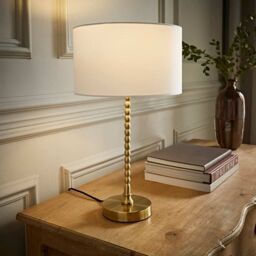 ValueLights Maeve Fabric Drum Lamp Shade Brushed Gold Bobbin Bobble Table Lamp in White - thumbnail 1