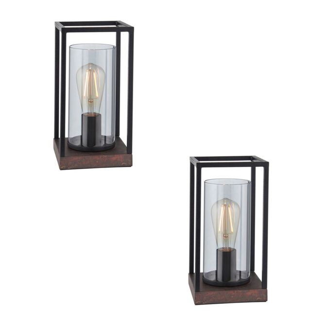 Loops 2 PACK Matt Black Framed Table Lamp Light & Glass Shade - Bronze Patina Base - image 1