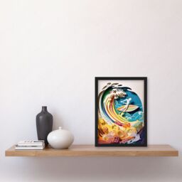 Artery8 Rainbow Kirigami Surfer Surfing Coastal Landscape Artwork Framed Wall Art Print A4 in Black - thumbnail 2