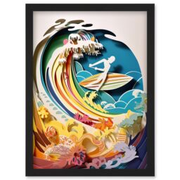 Artery8 Rainbow Kirigami Surfer Surfing Coastal Landscape Artwork Framed Wall Art Print A4 in Black - thumbnail 1