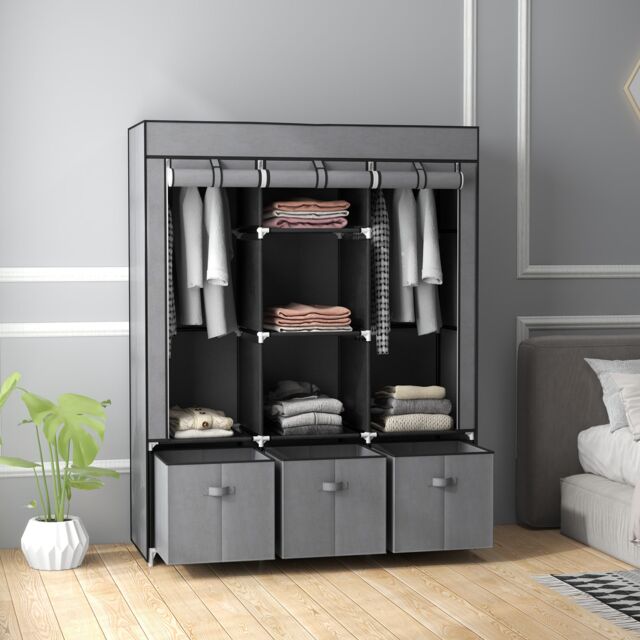 HOMCOM Portable Fabric Wardrobe with 5 Shelves & 3 Fabric Drawers, Grey in Dark Grey - image 1