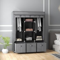 HOMCOM Portable Fabric Wardrobe with 5 Shelves & 3 Fabric Drawers, Grey in Dark Grey - thumbnail 1