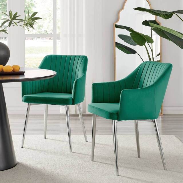 FurnitureboxUK Set of 2 Calla Deep Padded Dining Chairs Upholstered in Soft Velvet With Silver Chrome Legs in Green - image 1