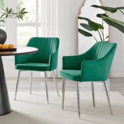 FurnitureboxUK Set of 2 Calla Deep Padded Dining Chairs Upholstered in Soft Velvet With Silver Chrome Legs in Green - thumbnail 1