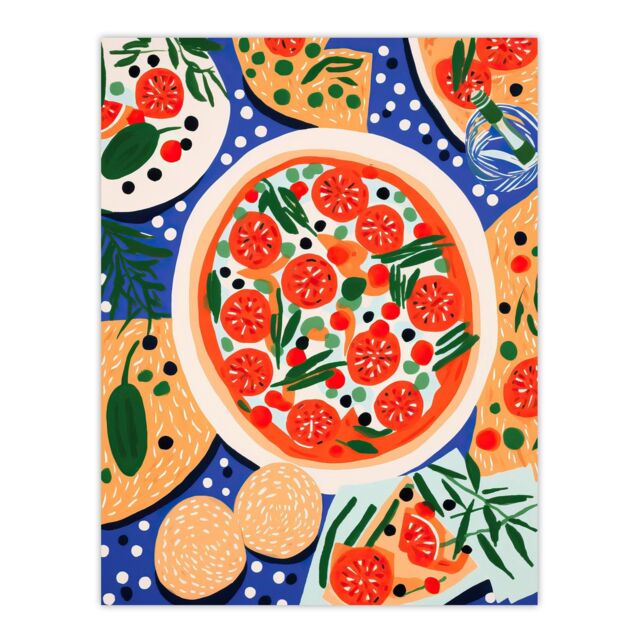 "Wee Blue Coo Wall Art Print Margherita Mezze Pizza Night Red Orange Blue Abstract Oil Painting Poster - Size: W24"" x H32""" - image 1