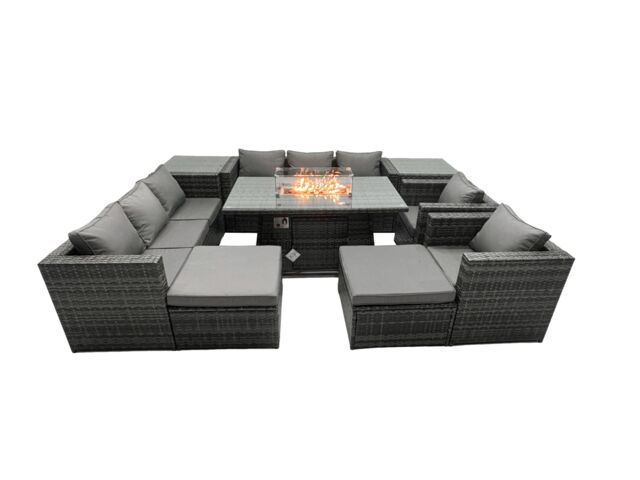 Fimous Rattan Garden Furniture Firepit Dining Set 10 Seater Lounge Sofa Table Set with 2 side table 2 big Footstool in Dark Grey - image 1
