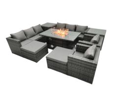 Fimous Rattan Garden Furniture Firepit Dining Set 10 Seater Lounge Sofa Table Set with 2 side table 2 big Footstool in Dark Grey - thumbnail 2