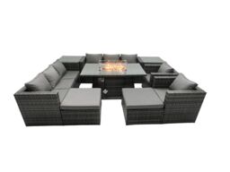 Fimous Rattan Garden Furniture Firepit Dining Set 10 Seater Lounge Sofa Table Set with 2 side table 2 big Footstool in Dark Grey - thumbnail 1
