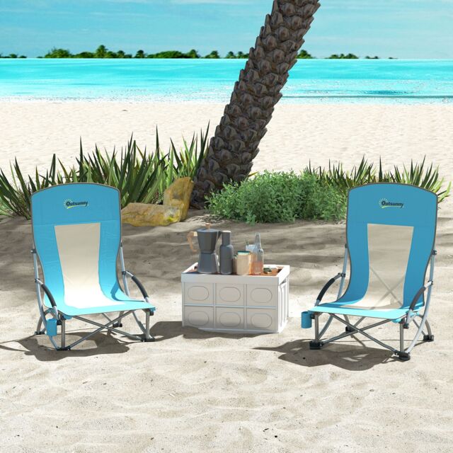 OUTSUNNY Set of 2 Folding Beach Chair, Camping Chair with Carry Bag, Blue