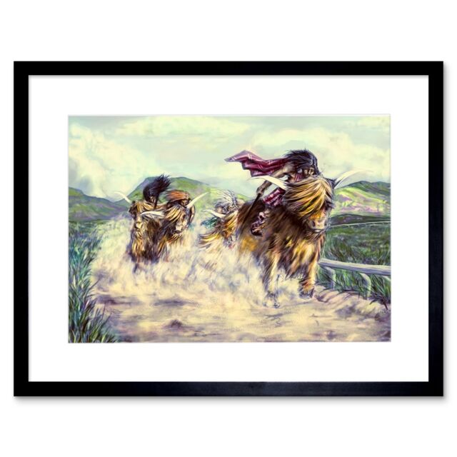 "Artery8 Wall Art Print Scottish Highland Cow Race Artwork Framed 9X7 Inch in Black - Size: W7"" x H9""" - image 1