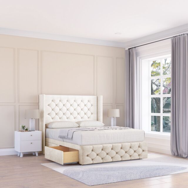 "Sloomy Luthor Plush Wingback Bed Set, No Drawers & 54"" Floor Standing Headboard in Cream - Size: Small Single" - image 1