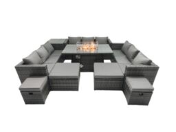Fimous Rattan Garden Furniture Firepit Dining Set 13 Seater Lounge Sofa Firepit Dining Table Set with 4 Footstools Side Tables in Dark Grey - thumbnail 1