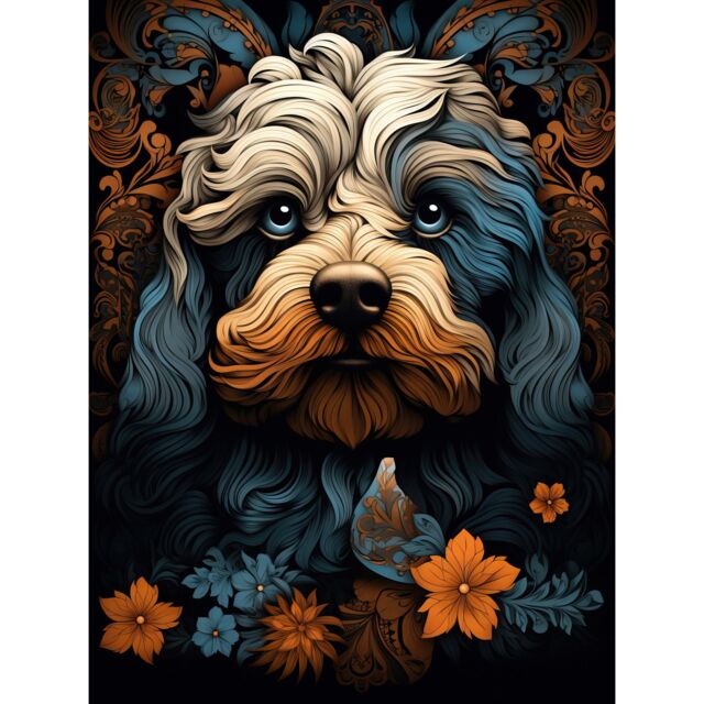 "Artery8 Wall Art Print Cockapoo Dog with Flower Patterns Art Nouveau Artwork Orange Blue Floral Portrait Design Poster in Black - Size: W12"" x H16""" - image 1