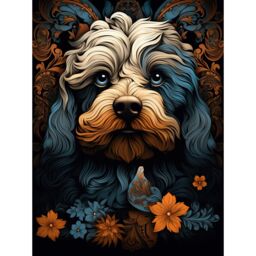 "Artery8 Wall Art Print Cockapoo Dog with Flower Patterns Art Nouveau Artwork Orange Blue Floral Portrait Design Poster in Black - Size: W12"" x H16""" - thumbnail 1