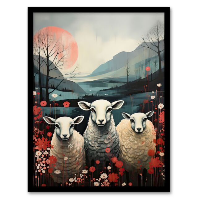 Artery8 Wall Art Print Three Sheep Pink Blue Floral Scottish Landscape Framed - Size: A4 - image 1