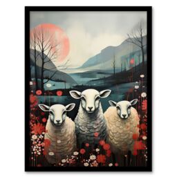 Artery8 Wall Art Print Three Sheep Pink Blue Floral Scottish Landscape Framed - Size: A4 - thumbnail 1