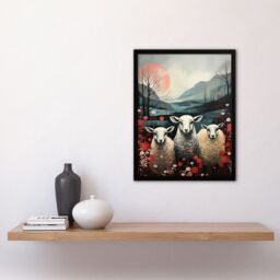 Artery8 Wall Art Print Three Sheep Pink Blue Floral Scottish Landscape Framed - Size: A4 - thumbnail 4