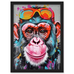 Artery8 Chimpanzee Monkey With Sunglasses Graffiti Pop Art Artwork Framed Wall Art Print A4 in Black - thumbnail 1
