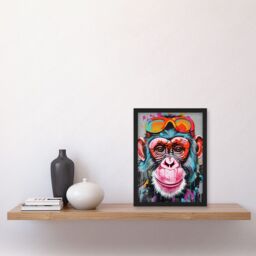 Artery8 Chimpanzee Monkey With Sunglasses Graffiti Pop Art Artwork Framed Wall Art Print A4 in Black - thumbnail 2