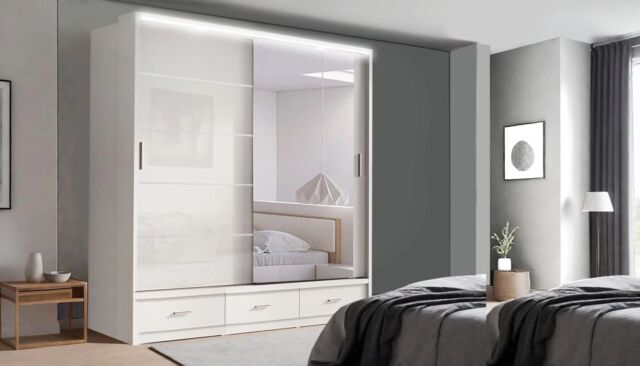 Interior Emporium Ltd IE High Gloss Florence Mirror Door with LED Light - Sliding Door Wardrobe - Wardrobe for You ( White, 205 cm) in White - image 1