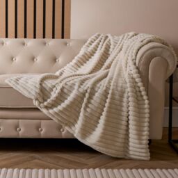 OHS Faux Fur Ribbed Fleece Throw Blanket Winter Warm Supersoft in Natural - thumbnail 1