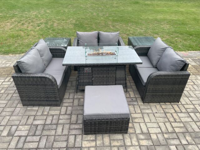 Fimous Rattan Outdoor Garden Furniture Sofa Set Gas Fire Pit Dining Table Gas Heater with 2 Side Tables Love Sofa Big Footstool in Dark Grey - image 1