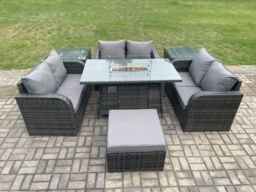 Fimous Rattan Outdoor Garden Furniture Sofa Set Gas Fire Pit Dining Table Gas Heater with 2 Side Tables Love Sofa Big Footstool in Dark Grey - thumbnail 1