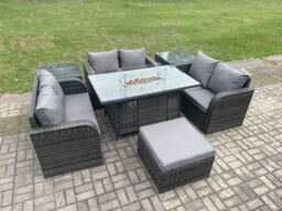 Fimous Rattan Outdoor Garden Furniture Sofa Set Gas Fire Pit Dining Table Gas Heater with 2 Side Tables Love Sofa Big Footstool in Dark Grey - thumbnail 3