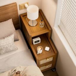 Ventryn Bamboo Narrow Edge Nightstand Modern Minimalist Rolling Drawer Unit in Brown - thumbnail 3