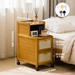 Ventryn Bamboo Narrow Edge Nightstand Modern Minimalist Rolling Drawer Unit in Brown - thumbnail 2