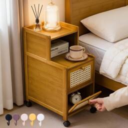 Ventryn Bamboo Narrow Edge Nightstand Modern Minimalist Rolling Drawer Unit in Brown - thumbnail 4