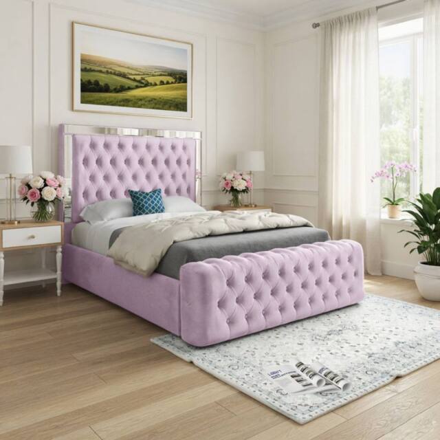 KDMD Wimborne Mirror Upholstered Pink Soft Velvet Designer Bed Frame - Size: Single - image 1